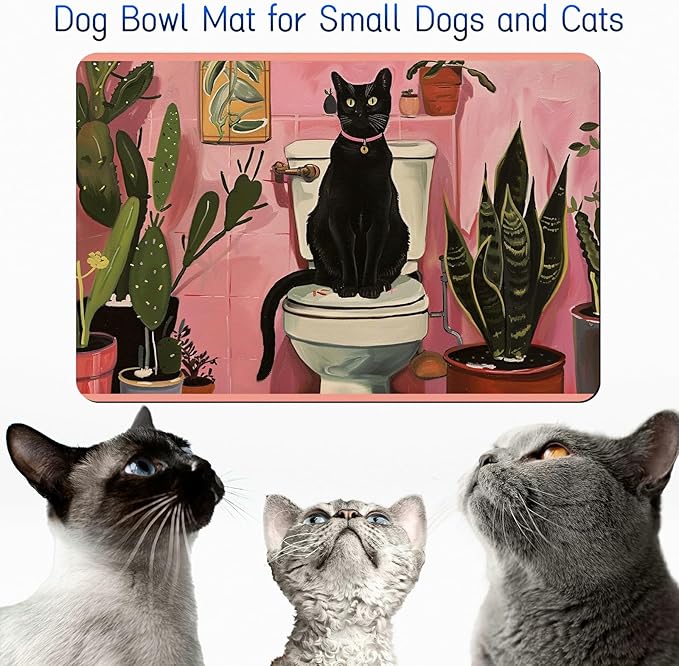 Dog Food Mat, 19.6" x 23.6" Absorbent Pet Feeding Mat for Food and Water, Waterproof Diatom Mud Pet Placemat with Non-Slip Rubber Backing, Easy Clean Cat Bowl Mat for Floors - Toilet Black Cat