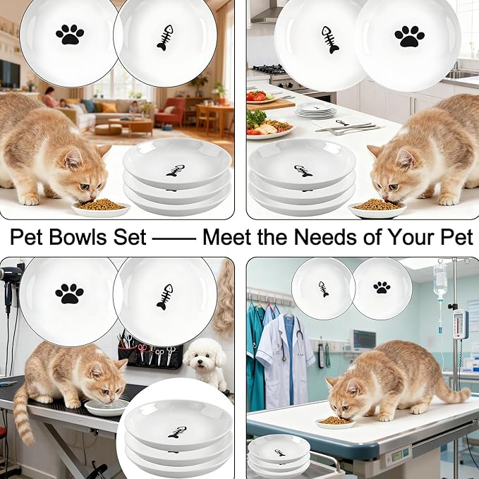 3 Pack Cat Food Bowl Ceramic Cat Bowls for Indoor Cats Plates Anti Whisker Fatigue Bowl Set๏ผ5.9 inch Wide Shallow Ceramic Cats Dishes for Food and Water (Cat's Paw+Fishbone)