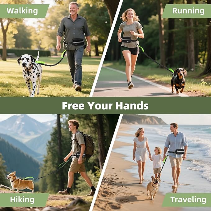 VavoPaw Hands Free Dog Leash with Pouch, Waist Leash for Dog Walking, Jogging, Hiking, Retractable Leashes with Dual Padded Handles, Adjustable Reflective Belt for Small Medium Large Dogs, Black Green