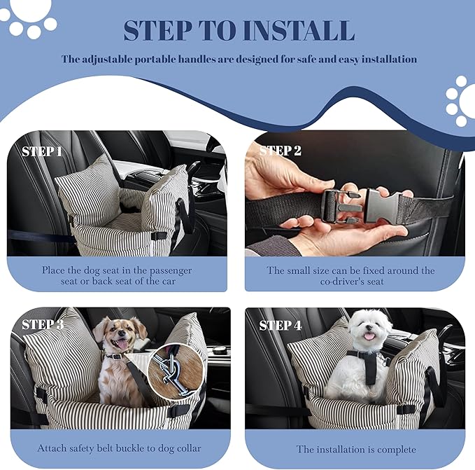 Versatile Dog Booster Car Seat Bed for Small Dogs Puppy Cats Pet Carrier with Side Pockets, Expandable Dog Bed Auto, Brown Stripes