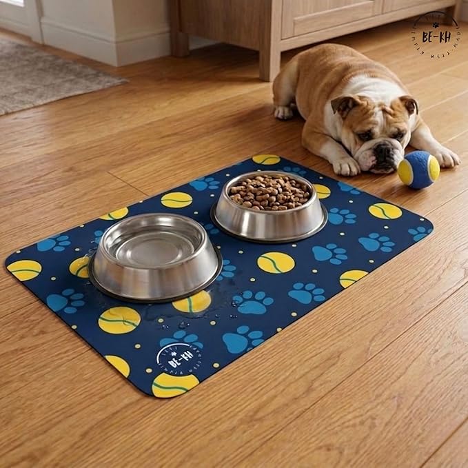 BE-KH Absorbent Pet Feeding Mat for Dogs & Cats, Quick Dry Dog Bowl Mat for Food and Water, Ultra-Thin, Non-Slip Rubber & Polyester, Waterproof & Machine Washable, Happy Woof, 24x16 in (60x40 cm)