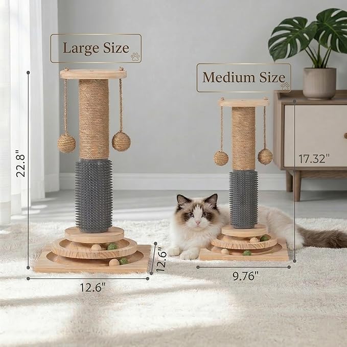4-in-1 Solid Wood Cat Scratching Post with Self-Groomer, Natural Sisal Scratching Post with 2-Level Track Ball Toy, Interactive Cat Tree & Furniture Protector for Indoor Cats Medium Size