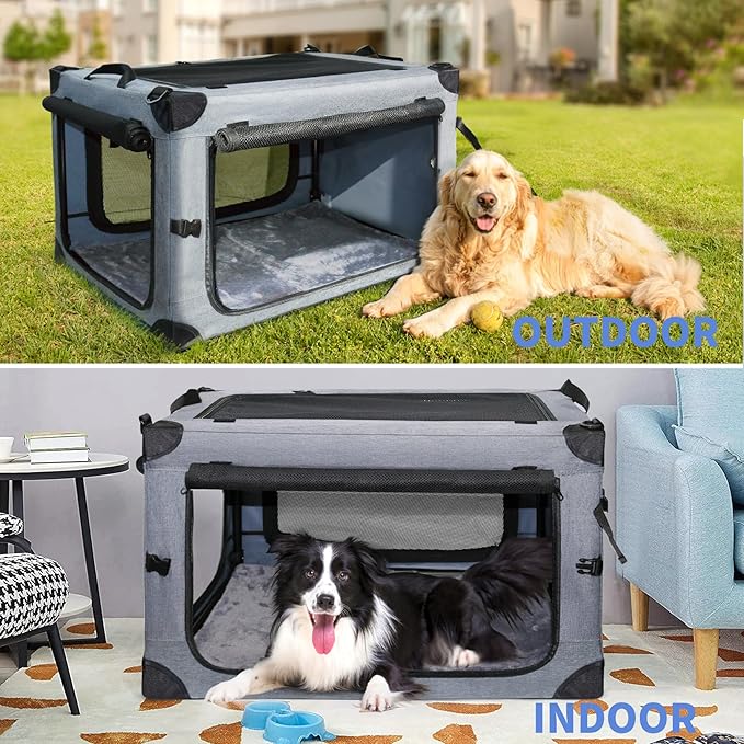 NEZUC Soft Collapsible Dog Crate - 36 Inch Portable Soft Sided Travel Dog Crates for Large Dogs, 4-Door Foldable Dog Carrier, Pet Kennel Indoor & Outdoor (Gray, 36.0" L x 22.0" W x 22.0" H)