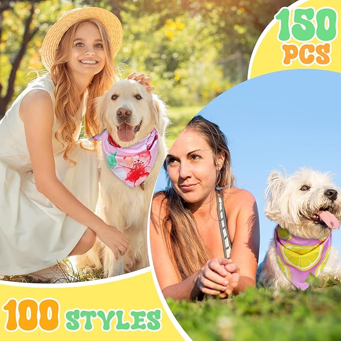 Huhumy 150 Pcs Hawaiian Dog Bandanas Bulk Pet Bibs Colorful Triangle Scarf Pet Bandanas for Medium Large Dogs Hawaiian Summer Luau Party Birthday Costume Decor