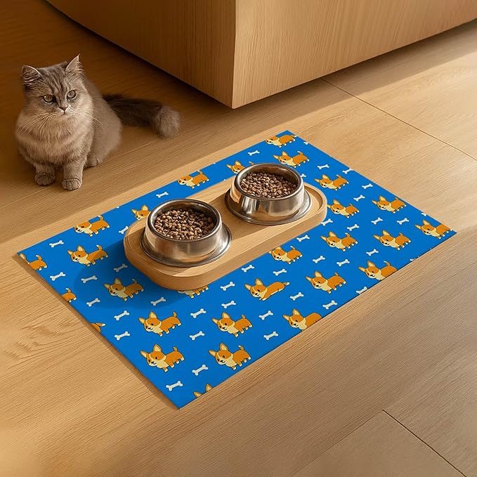 HOMETITUTE 24x16 inch Cute Corgi Design Non Slip Pet Food Mat Dog Bowl Placemat for Food and Water Small Pet Bowl Mats Cat Food Mats Easy to Clean Feeding Mat for Small Pets