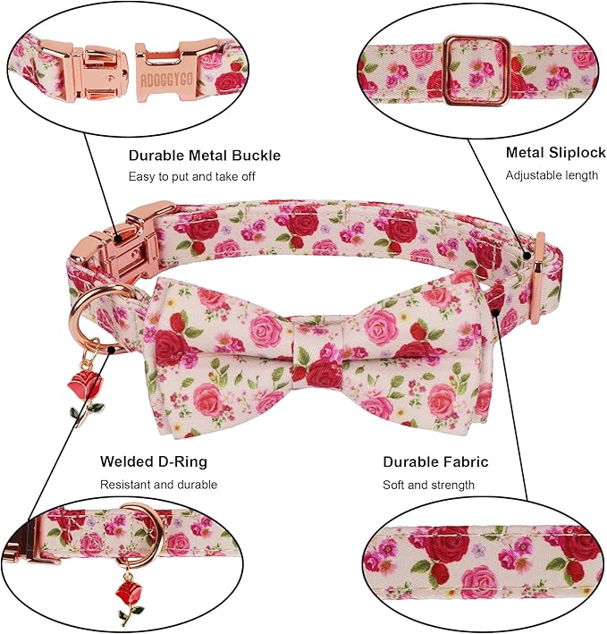 ADOGGYGO Floral Dog Collar with Bow, Red Pink Rose Flower Bow, Metal Buckle, Adjustable Floral Collars for Extra Large Dogs (X-Large)