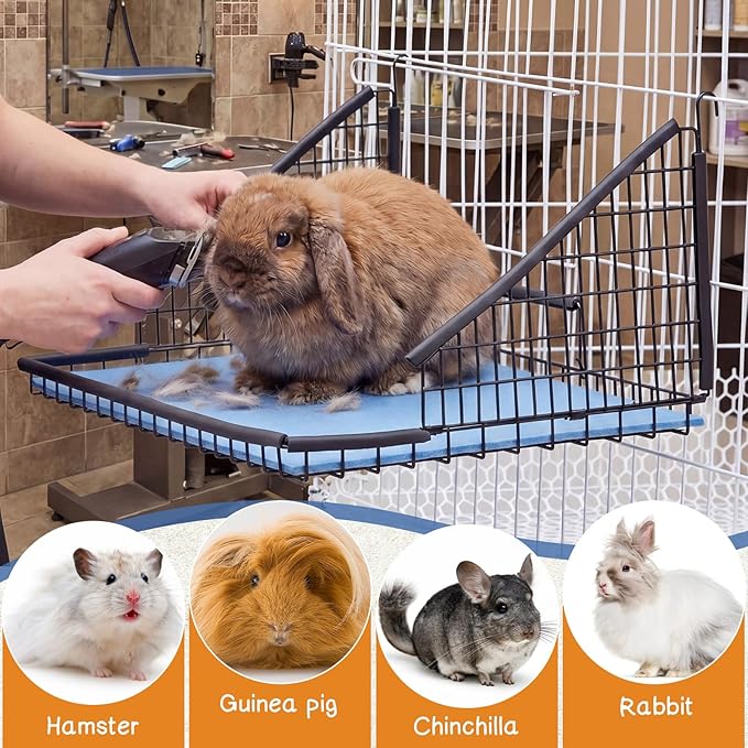 AceOrbit 18 x 12 x 8 Inch Foldable Hanging Rabbit Grooming Table with Non Slip Blue Felt Mat Hooks Handle Small Animal Grooming Kit for Bunny Guinea Pig Chinchilla Ferret Hedgehog Gerbil Cat Supplies