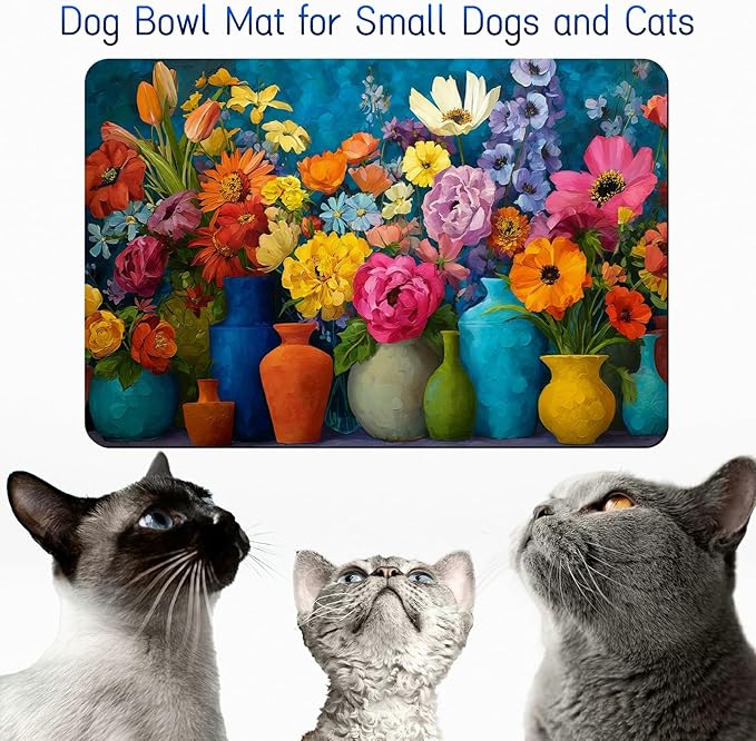 Dog Food Mat, 15.7" x 23.6" Absorbent Pet Feeding Mat for Food and Water, Waterproof Diatom Mud Pet Placemat with Non-Slip Rubber Backing, Cat Bowl Mat for Floors - Watercolor Flowers