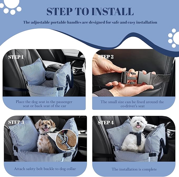 Versatile Dog Booster Car Seat Bed for Small Dogs Puppy Cats Pet Carrier with Side Pockets, Expandable Dog Bed for Auto, Blue Stripes
