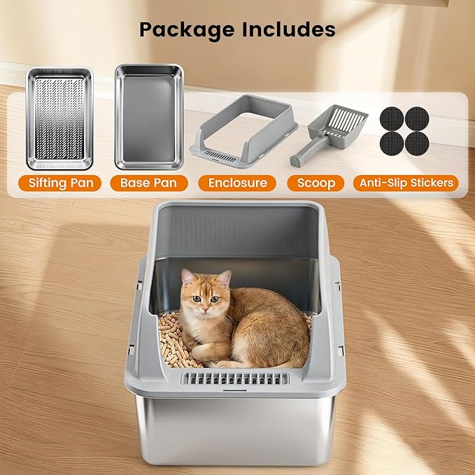 Stainless Steel Sifting Litter Box for Pine Pellets, Sifting Cat Litter Box with Sifter, High Side for Small Cats, Anti-Leakage, Odor Control, Includes Scooper, 22.4" x 14.6" x 11"