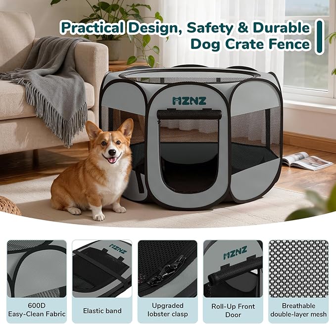 Dog Playpen, Portable Puppy Pet Crate Indoors for Small/Medium Dogs Cats Rabbits, Foldable Dog Cage Enclosure for Outdoor, Pop Up Dogs Tent Kennel with Carrying Case, Whole Grey