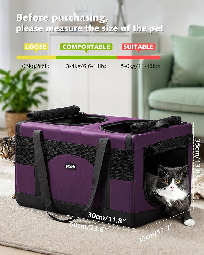 Pecute Dual Compartment Pet Carrier for Multi-Cat Families & Small Dog Owners, Collapsible Dog Crate with Reinforced Steel Frame, Car Safety Design for Travel, Vet Visits & Home Use, Purple