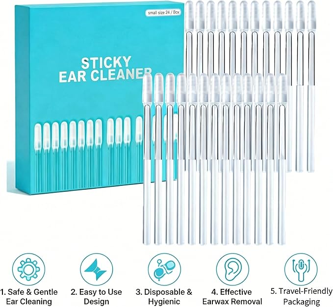 Sticky Cleaning Ear Stick, Gentle Reusable Soft Spiral Head Adhesive Ear Pick for Safe Ear Cleaning, with Gentle Removal Stick for All Ages (5mm-24 pcs)