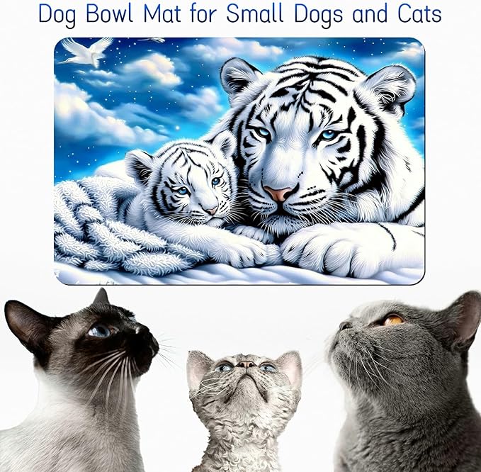 Dog Food Mat, 19.6" x 23.6" Absorbent Pet Feeding Mat for Food and Water, Waterproof Diatom Mud Pet Placemat with Non-Slip Rubber Backing, Easy Clean Cat Bowl Mat for Floors - White Tiger