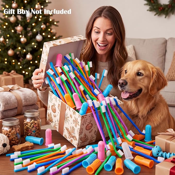 200 Pcs Dog Toothbrushes Bulk Dog Dental Kits 100 Dual Headed Dental Brushes 100 Finger Brushes 360 Degree Dogs Tooth Brushing Kits Easy Teeth Pet Cleaning Soft Care for Puppy Cats Supplies