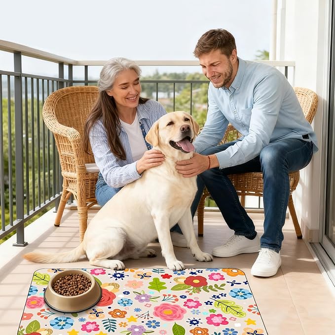 Flower Pet Mat for Dog and Cat 20" x 12" Floral Pattern Cat Feeding Mats Cute Rectangle Diatomaceous Earth Absorbent Quick Dry Dog Pet Feeding Placemat for Food and Water Bowls Supplies
