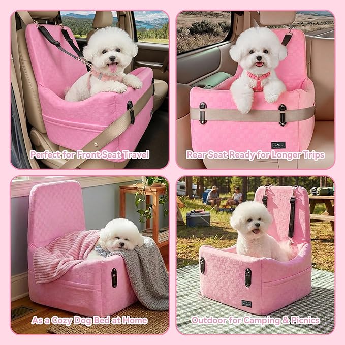 PETSFIT Dog Car Seat for Small/Medium Dogs Up to 35 lbs โ Patented Safety System, 5" Memory Foam Pet Booster Car Seat, Fully Detachable and Washable Dog Carseat with 2 Storage Pockets (Pink)