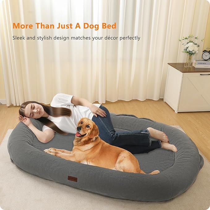 Human Dog Bed with Blanket, 71"x47.2"x9" Extra Large Fits Adult & Pets, Reversible Orthopedic Gel Memory Foam Cushion, Washable Faux Rabbit Fur, Plump Edge, Storage Pocket, Cement Grey