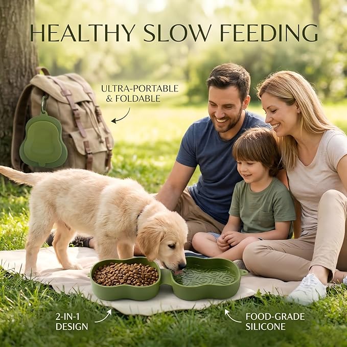 Collapsible Dog Travel Bowl with Lid, Portable Slow Feeder & Lick Mat Combo, Mess-Free Clamshell Silicone Water Dish for Hiking (Khaki)