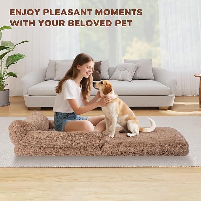 OtterOasis Foldable Human Dog Bed for Adults, Fluffy Human Sized with Blanket, Orthopedic Washable Dog Bed with Memory Foam and Water Repellent Liner for Pet (Brown, 72 * 44 * 10 inch)
