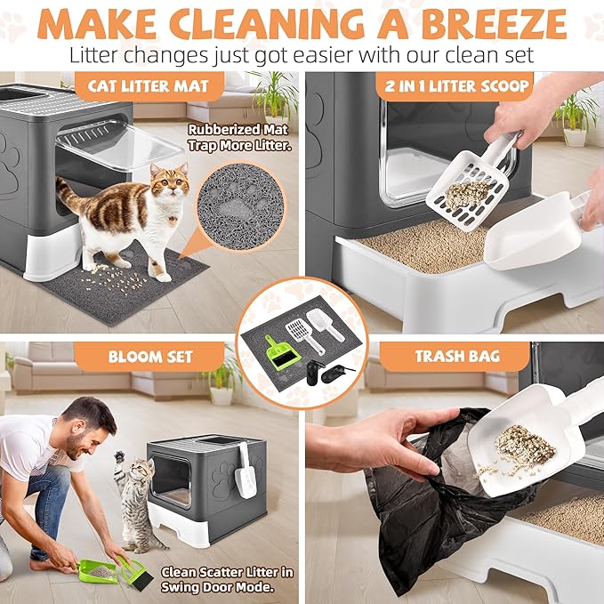 Covered Cat Litter Box with Litter Mat, Foldable Extra Large Dual Entry Adjustable Door, Drawer Design Enclosed Kitty Litter Box, Odor Control Anti-Splashing Easy Cleaning (Dark Grey)