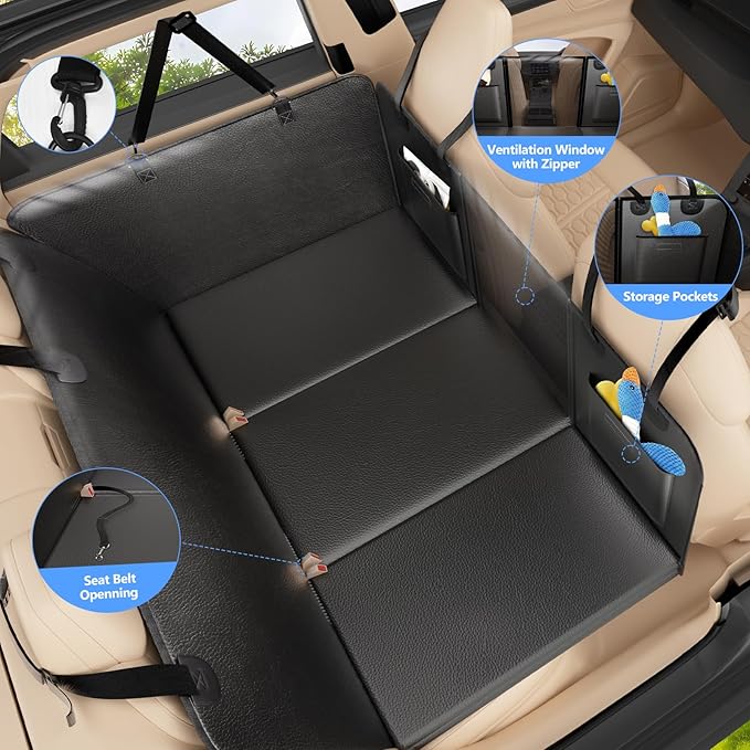 Back Seat Extender for Dogs-Large Space, Hard Bottom PU Leather Dog Car Seat Cover for Back Seat 420lb, Anti-Scratch Backseat Extender for Dogs,Waterproof Dog Hammock for Car, SUV, Truck