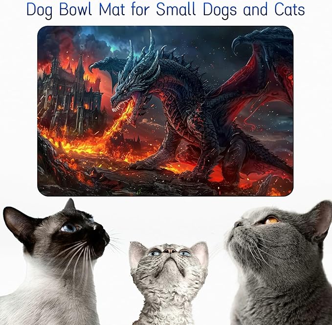 Dog Food Mat, 19.6" x 23.6" Absorbent Pet Feeding Mat for Food and Water, Waterproof Diatom Mud Pet Placemat with Non-Slip Rubber Backing, Cat Bowl Mat for Floors - Flaming Gray Dragon