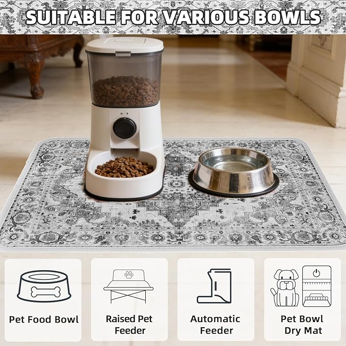 PUPTECK Dog Food Mat, Absorbent Pet Feeding Bowl Mat, Non-Slip Dog Mat for Food and Water, Quick Dry No Stains Cat Placemats Pet Supplies for Messy Drinkers, Grey 16"x24"