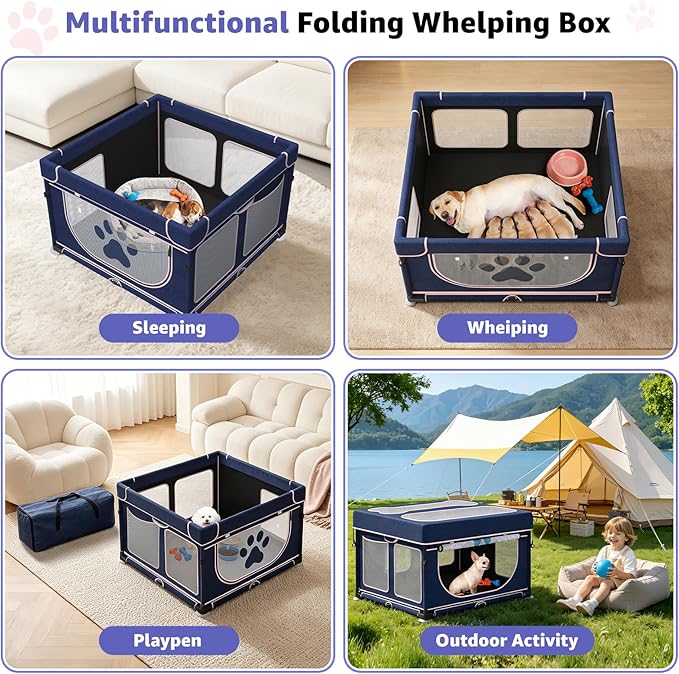 LOOBANI Foldable Whelping Box for Dogs and Puppies: 1 Min Setup Pet Puppy Playpen Indoor with Cover & Waterproof Bottom, Portable Birthing Box for Dog Cat Duck-43.3"x43.3"x27.1"│Patented (Blue+Pink)