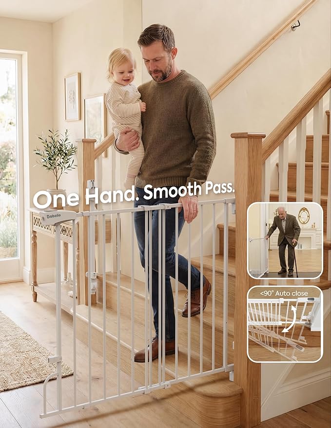 Babelio Removable & No Bottom Bar Baby Gate, 35.5-55" Hardware Mounted (Drill Needed)| Wide Walk-Thru| Auto-Close Safety Dog/Pet Gate for Stairs & Doorways (White, 35.5-55" W, 30" H)