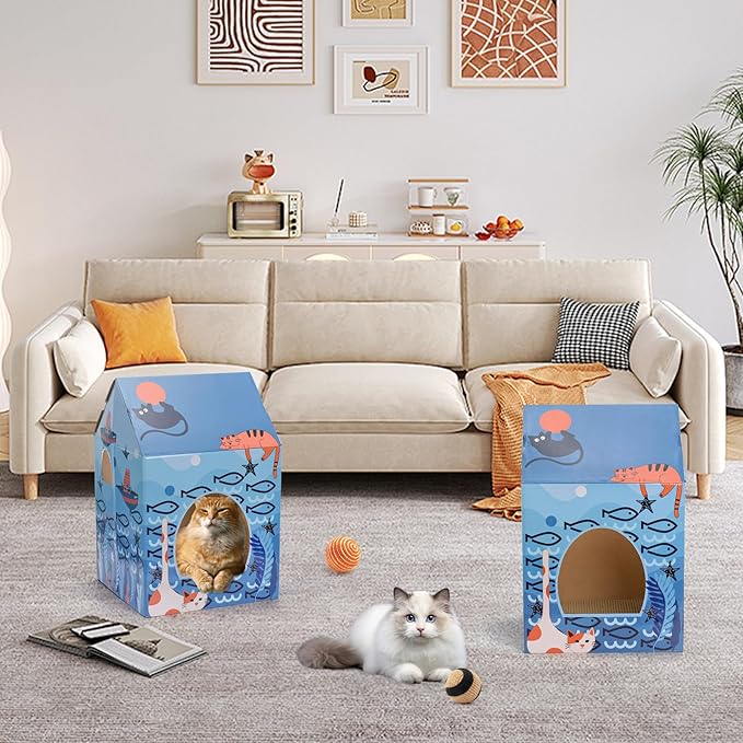 Lawei 2 Pack Cardboard Cat Houses with Scratch Pads, Sturdy Cats Play Scratching House for Indoor Hideaway Furniture, Cute Scratching Box Toy for Cat Birthday, Bunny Small Pet Bed, Easy Assembly