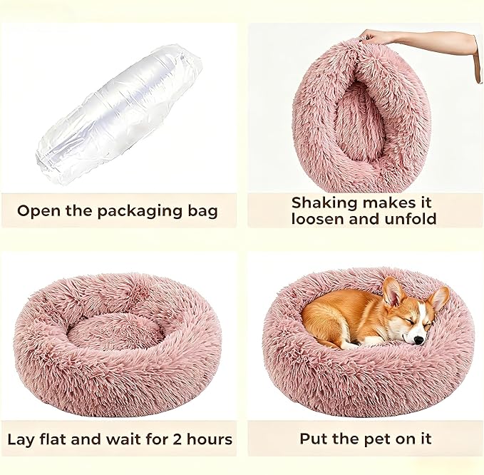 Calming Donut Dog and Cat Bed for Indoor Cats, Anti-Anxiety Round Fluffy Soft Washable Small Pet Bed for Puppy and Kitten, Warming Comfortable Luxury Anti-Slip Waterproof Mute Base 20in Pink