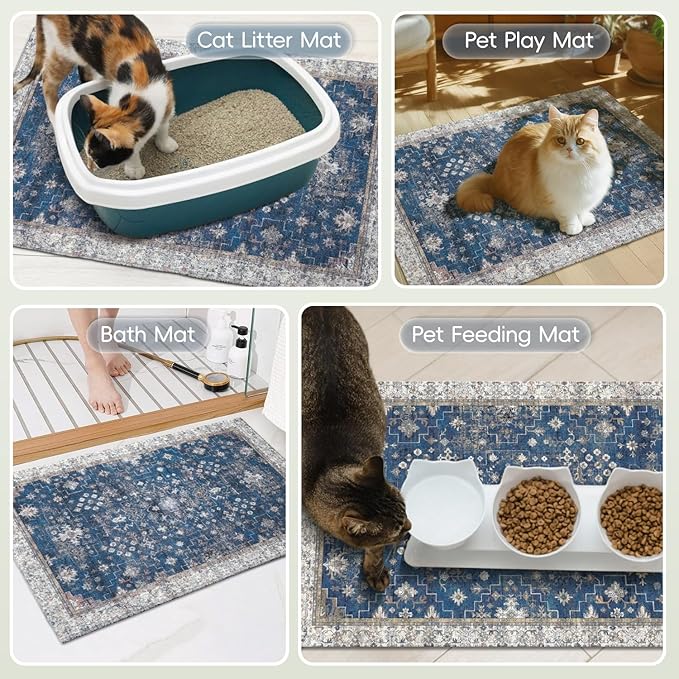 Cat Litter Mat Litter Trapping Mat, 40"x30" Waterproof Urine Proof Litter Box Mat Catcher Mat Non-Slip Washable for Kitty Kitten, Navy