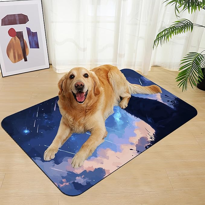 Starry Night Cat Dog Food Mat–Absorbent Quick Dry Feeding Placemat for Food and Water Bowls, Non Slip Rubber Backing, Waterproof Pet Supplies for Mess-Free Eating 12"x20"