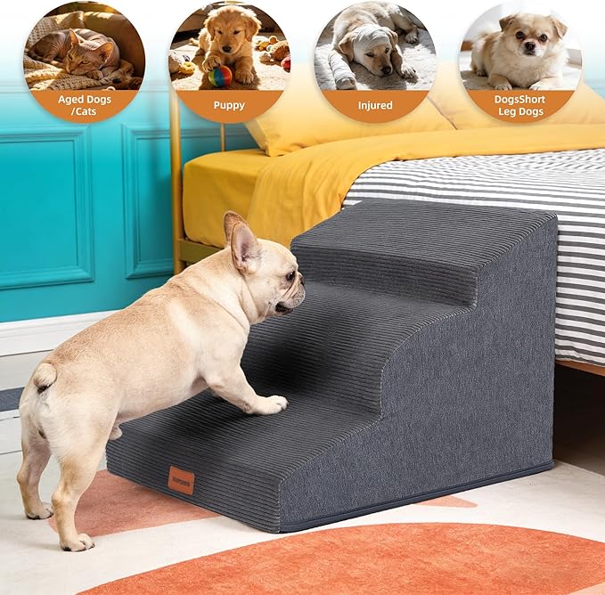 Dog Stairs for Small Dogs and Cats, 15.7" H, 3-Step Curved Pet Ramp for Couch Sofa and Chair, Non-Slip Medium Pet Steps with High Density Foam, Grey