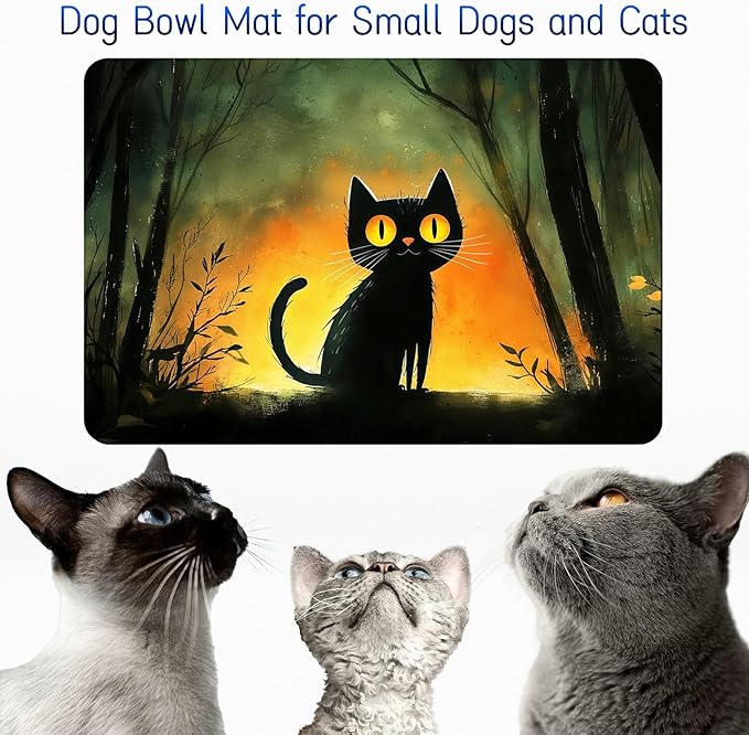 Dog Food Mat, 19.6" x 23.6" Absorbent Pet Feeding Mat for Food and Water, Waterproof Diatom Mud Pet Placemat with Non-Slip Rubber Backing, Easy Clean Cat Bowl Mat for Floors - Forest Black Cat