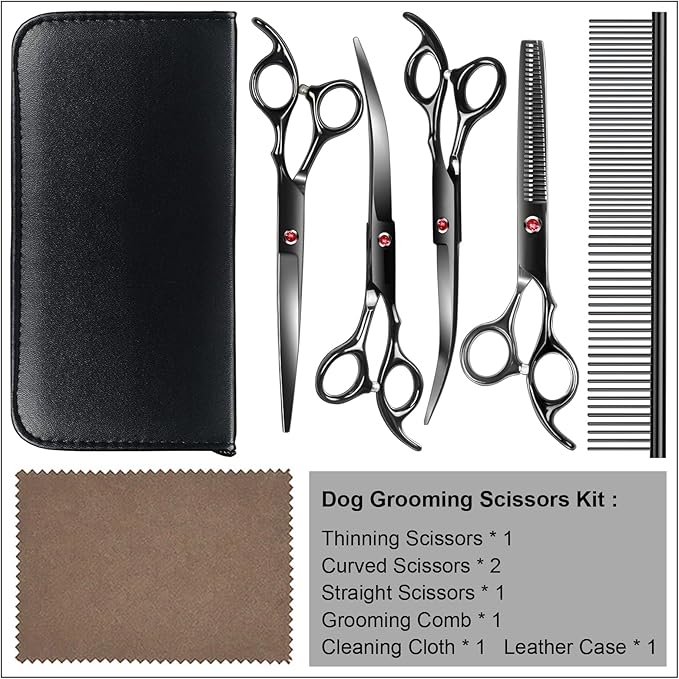 TINMARDA Dog Grooming Kit, Titanium Black Stainless Steel Dog Grooming Scissors with Curved Shears, Black Finger Rings - 5 Piece Sharp Durable Pet Shears for Dogs Cats At Home Salon-Quality Grooming