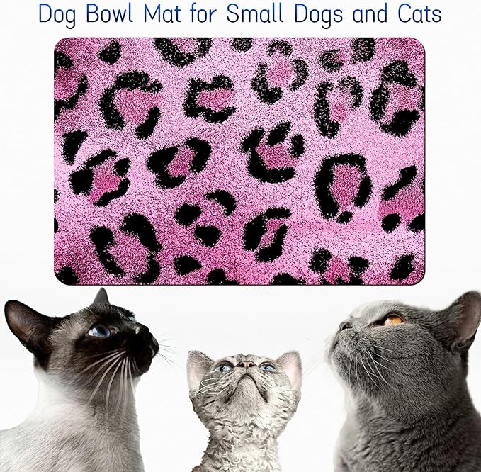 Dog Food Mat, 19.6" x 23.6" Absorbent Pet Feeding Mat for Food and Water, Waterproof Diatom Mud Pet Placemat with Non-Slip Rubber Backing, Cat Bowl Mat for Floors - Pink Leopard Print