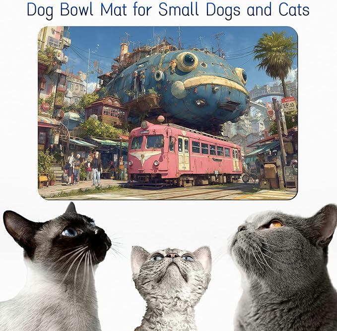 Dog Food Mat, 19.6" x 23.6" Absorbent Pet Feeding Mat for Food and Water, Waterproof Diatom Mud Pet Placemat with Non-Slip Rubber Backing, Easy Clean Cat Bowl Mat for Floors - Pink Train Fish