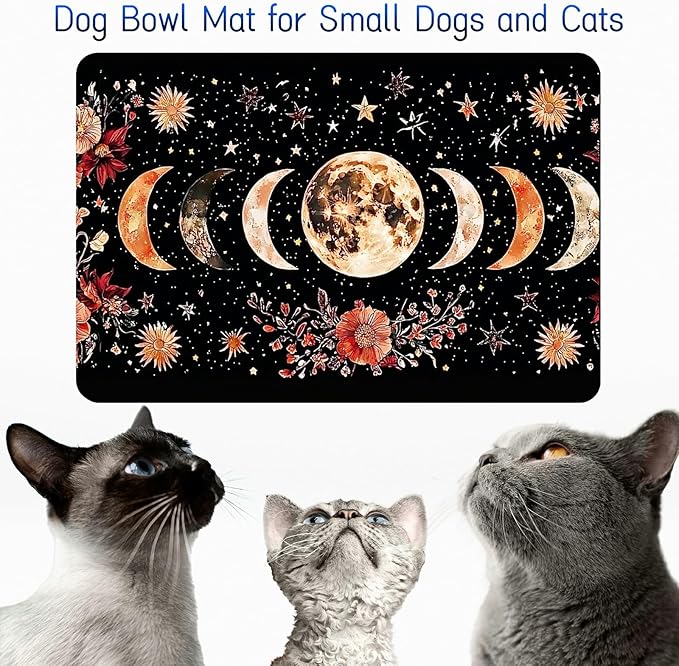 Dog Food Mat, 19.6" x 23.6" Absorbent Pet Feeding Mat for Food and Water, Waterproof Diatom Mud Pet Placemat with Non-Slip Rubber Backing, Cat Bowl Mat for Floors - Moon Flower Black