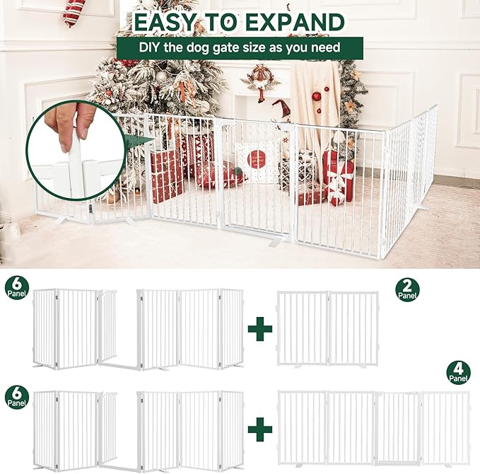 Snagle Paw Full Metal Freestanding Dog Gate with Door, 120” W x 32” H Pet Gate with Support Feet for Doorways, Stairs and Hallways, Portable Dog Fence for Indoor Use(32" 6 Panel, White)