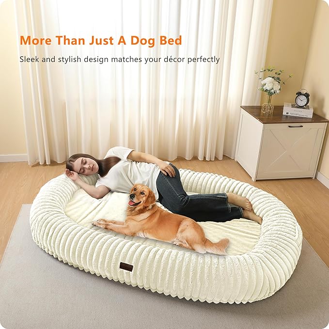 Human Dog Bed for Adult, Reversible Orthopedic Gel Memory Foam Cushion, Washable Corduroy Fleece, Plump Edge with Blanket, Storage Pocket, Strap, 71"x47.2"x9", Extra Large, Beige