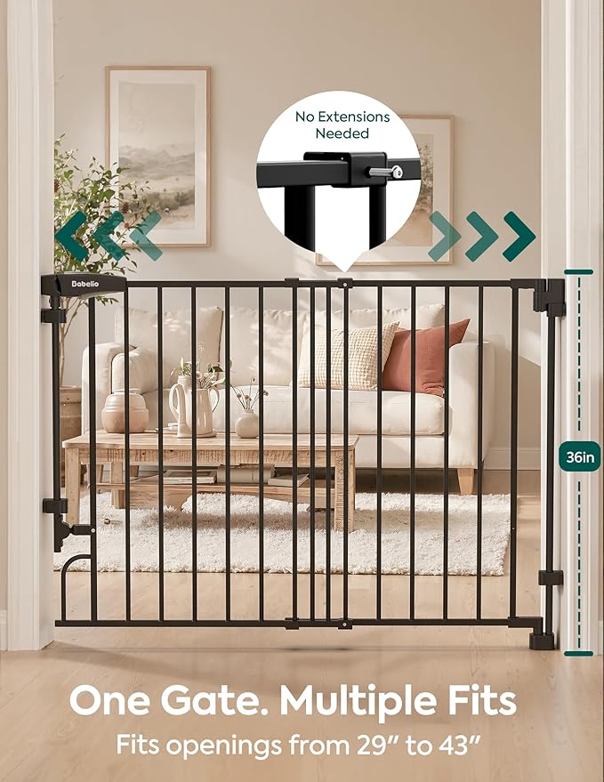 Babelio Removable & No Bottom Bar Baby Gate, 29-43", 36" H Hardware Mounted (Drill Needed)| Wide Walk-Thru| Auto-Close Safety Dog/Pet Gate for Stairs & Doorways (Black)