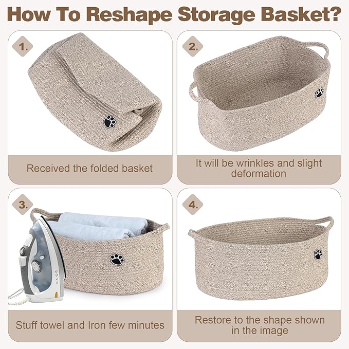 Optish Dog Toy Basket, Toy Storage Box and Bin with Handles, 19.7" X 11" X 7.9" (30L) Large Woven Rope Basket for Blankets, Living Room, Bedroom, Brown