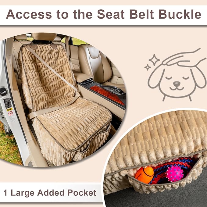 Soft Front Seat Dog Cover, Waterproof Dog Car Seat Protector with Side Flaps, Non-Slip Fluffy Flannel with Full Protection for Pets on Captain Seat in Cars SUVs Trucks (Tan, Standard Front)
