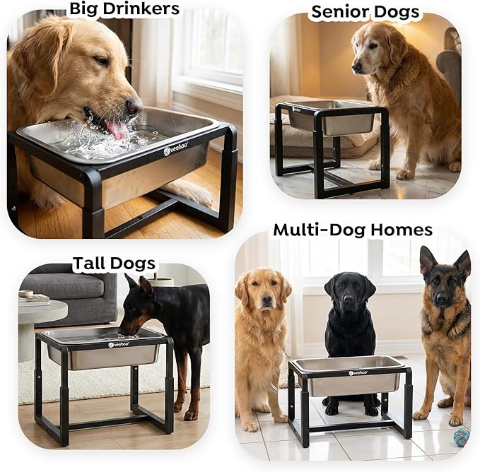 Veehoo 2.4 Gallon Elevated Dog Water Bowl, Stainless Steel Raised Dog Water Bowl Stand for Large Breeds, 3 Adjustable Heights Tall Dog Feeding Station for Relief Joint Pressure, Indoor & Outdoor