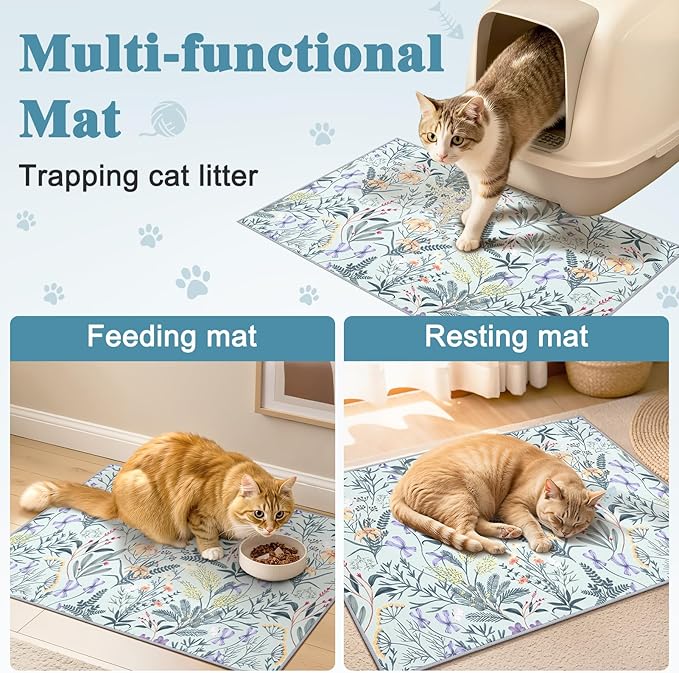 Bienbee Cat Litter Mat, 2PCS 33"x22" Machine Washable Litters Box Mats Non-Slip &Waterproof Cat Litters Trapping Mats Easy to Clean Mat for Litter Box Less Waste Protects Floors Green Leaves L