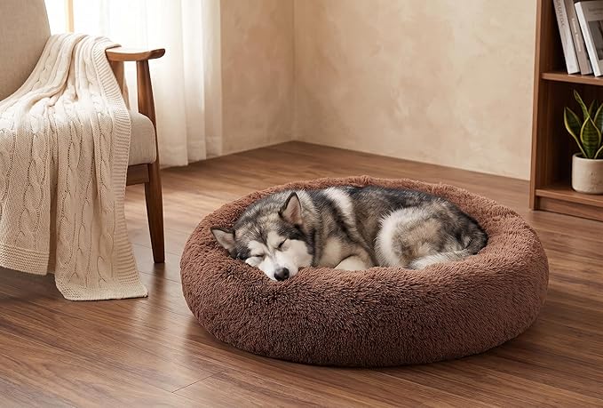 SAVFOX 36 inches Calming Donut Dog Bed - 3X Durable Plush Faux Fur, Machine Washable & Non-Slip, Fits up to 100 lbs, Brown