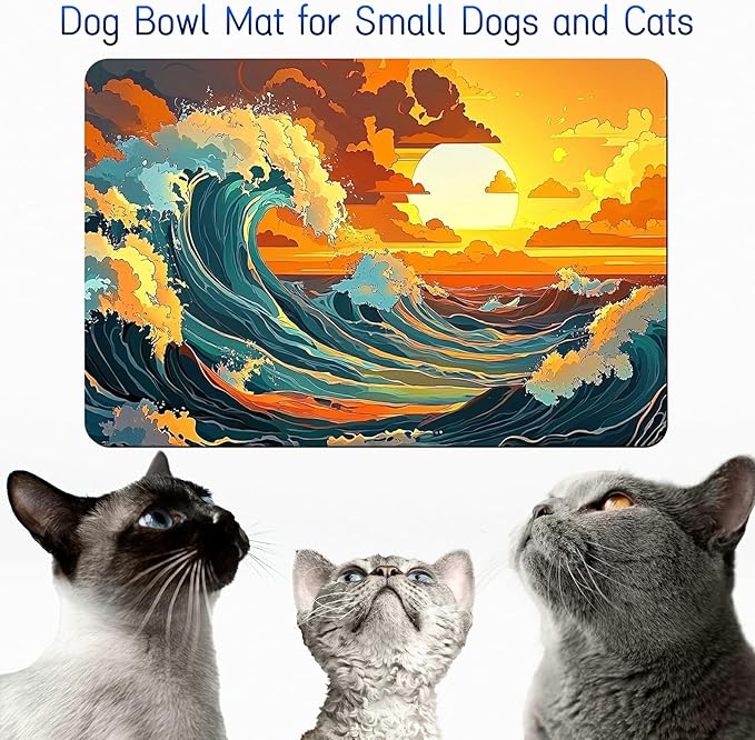 Dog Food Mat, 15.7" x 23.6" Absorbent Pet Feeding Mat for Food and Water, Waterproof Diatom Mud Pet Placemat with Non-Slip Rubber Backing, Easy Clean Cat Bowl Mat for Floors - Sunset Waves