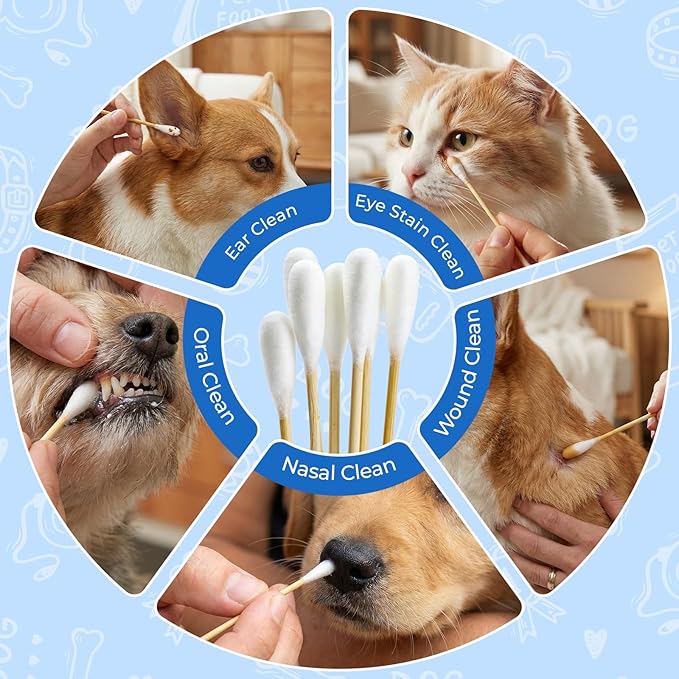 6 Inch Large Cotton Swabs for Dog Ear Cleaning - Extra Long Handle Dog Ear Swabs, Soft & Absorbent Big Cotton Tips, Perfect for Pet Care & Daily Grooming (200 Pcs)
